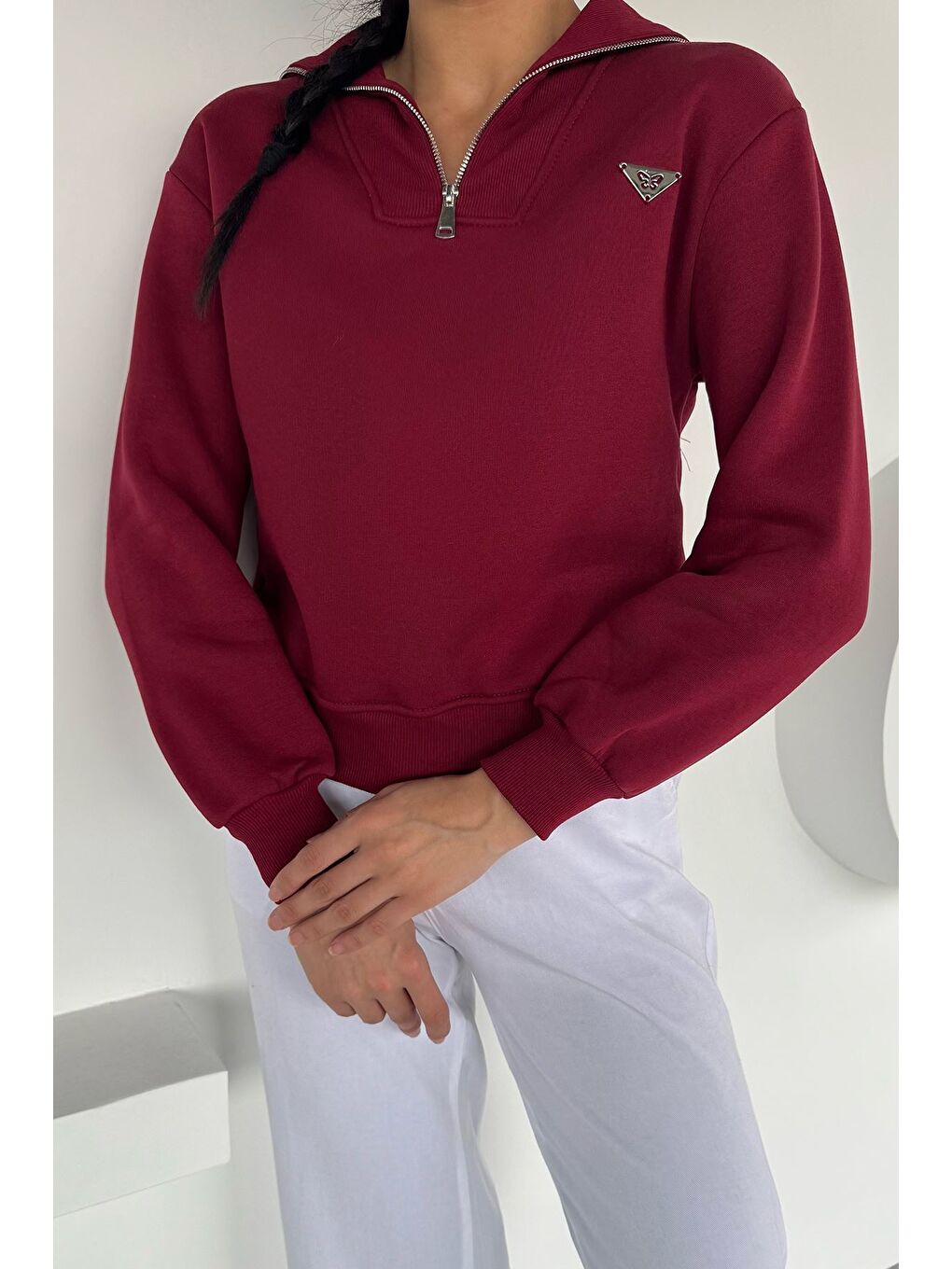 Bordo Kadın Yarım Fermuarlı Metal Aksesuarlı Şardonlu Sweatshirt-2