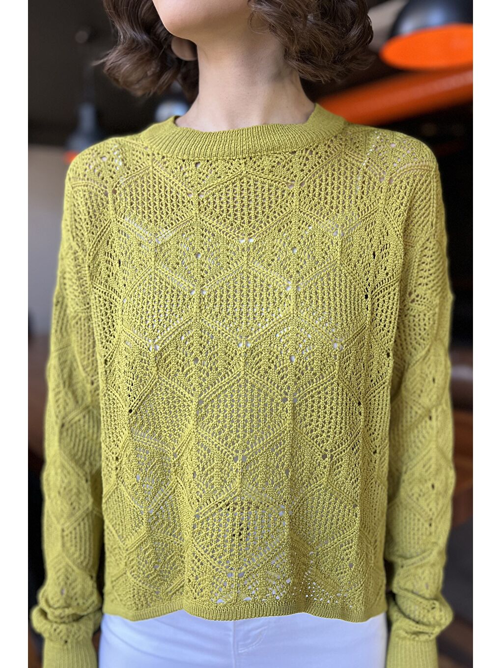 Yeşil Ajurlu Kadın Triko Bluz-3