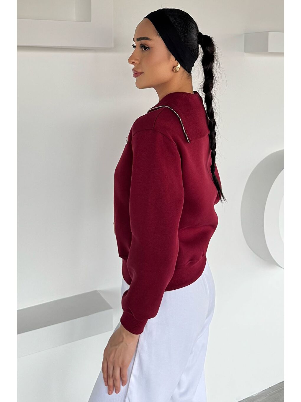 Bordo Kadın Yarım Fermuarlı Metal Aksesuarlı Şardonlu Sweatshirt-3
