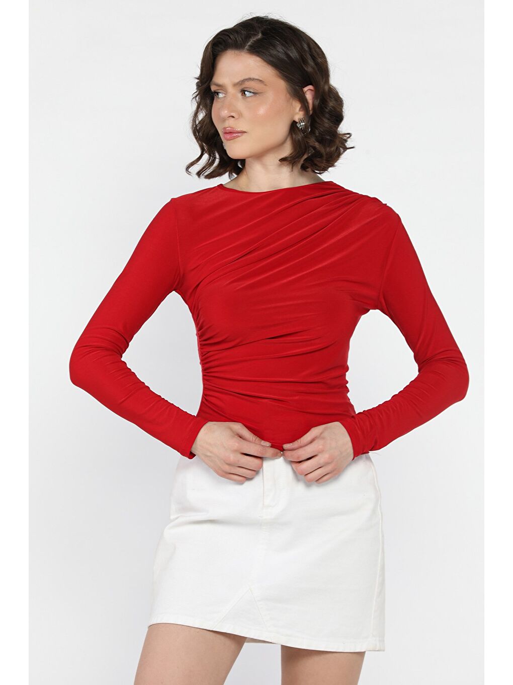 Kırmızı Kadın Bel Ve Omuz Drapeli Bluz-1