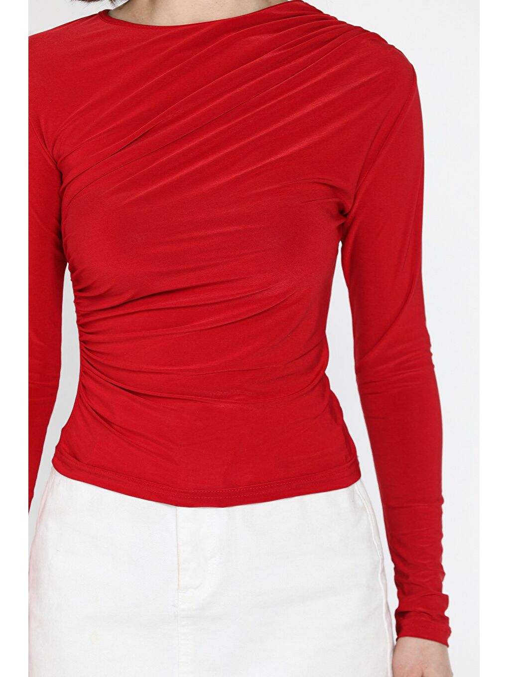 Kırmızı Kadın Bel Ve Omuz Drapeli Bluz-2