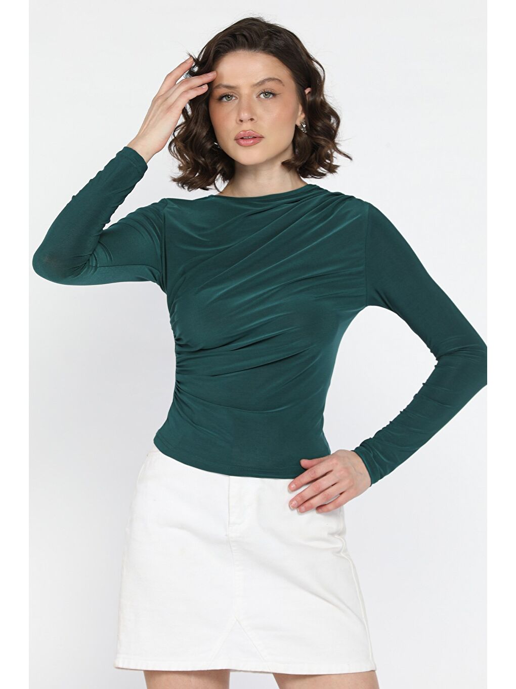 Yeşil Kadın Bel Ve Omuz Drapeli Bluz