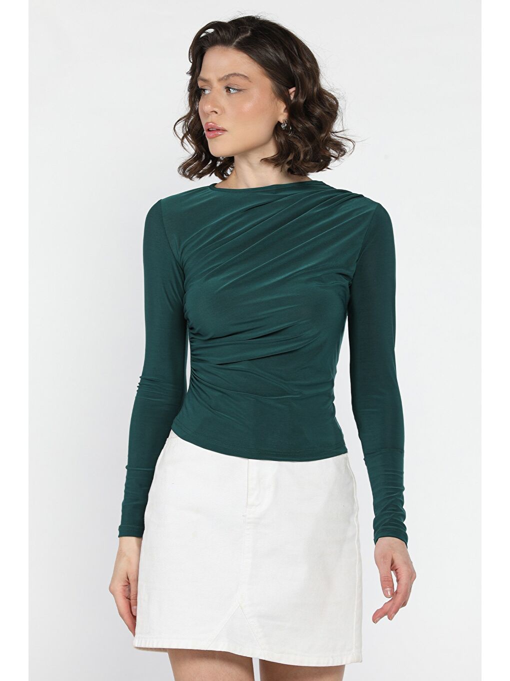 Yeşil Kadın Bel Ve Omuz Drapeli Bluz-1