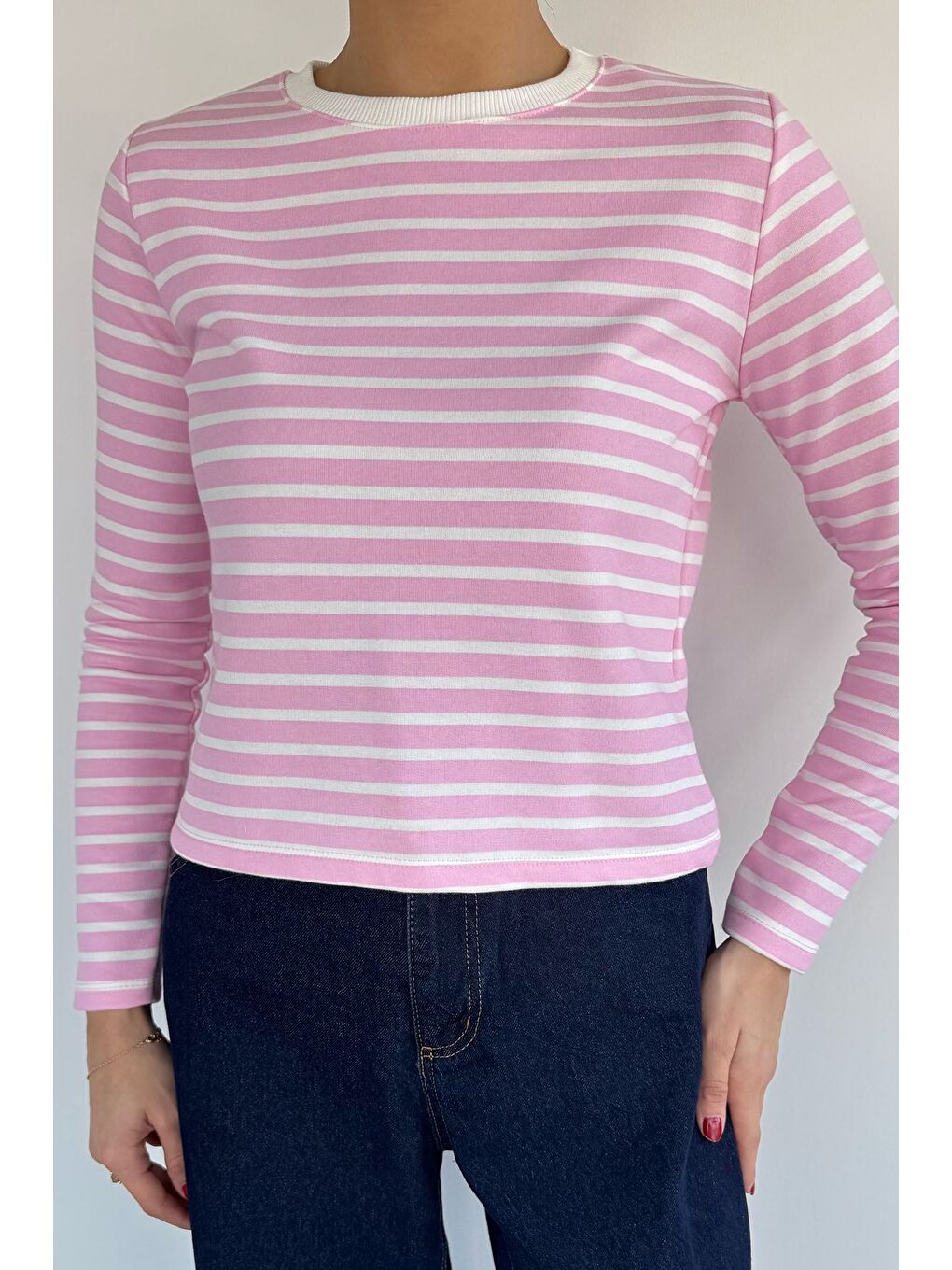 Pembe Kadın Bisiklet Yaka Çizgi Desenli Sweatshirt-2