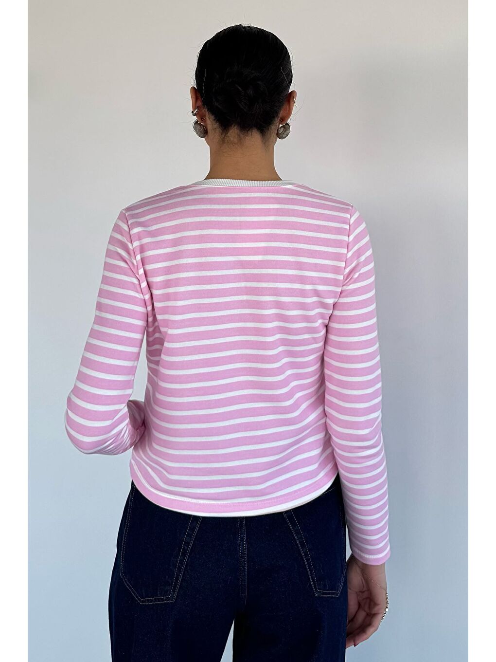 Pembe Kadın Bisiklet Yaka Çizgi Desenli Sweatshirt-3