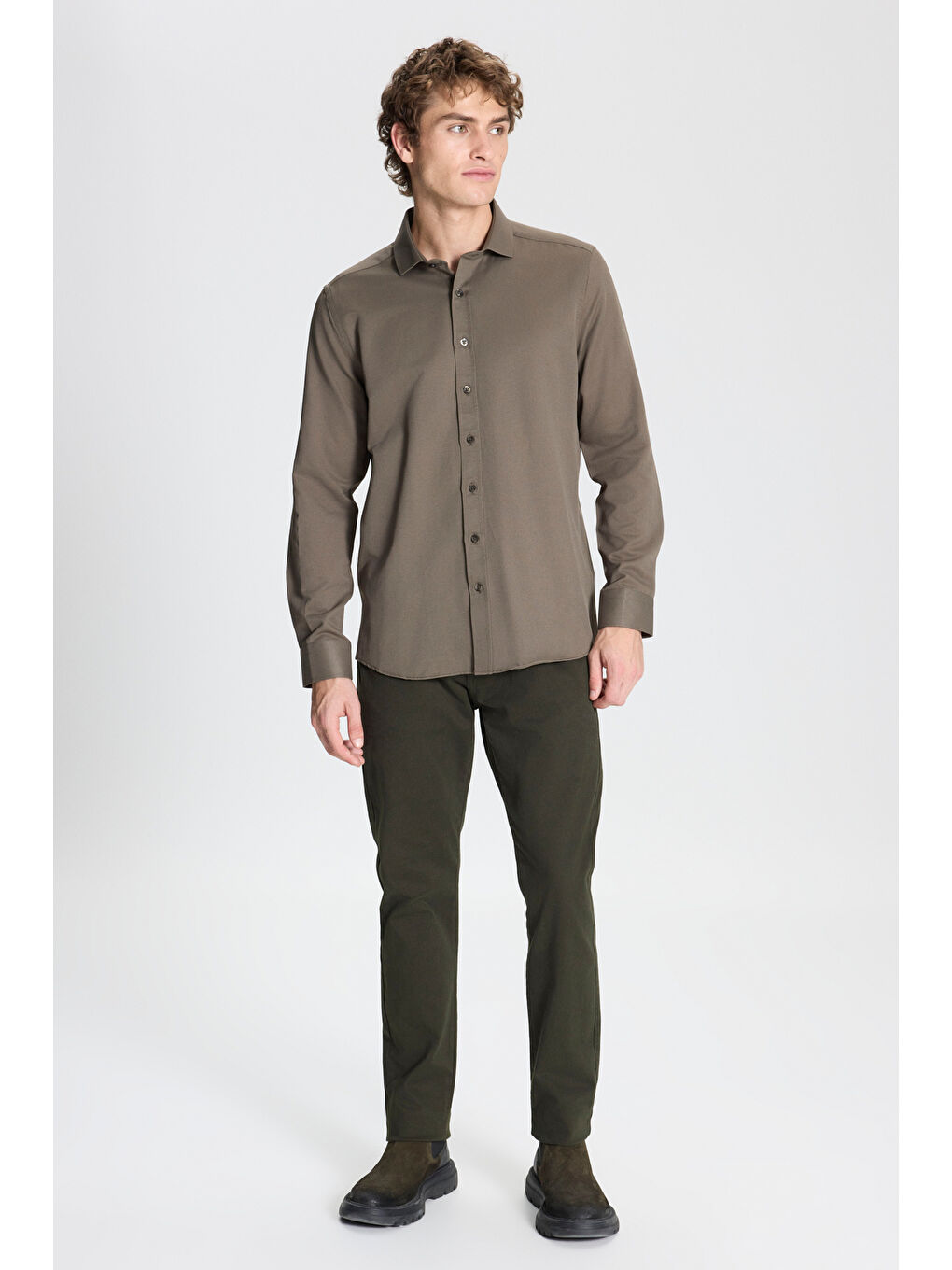 Erkek Haki Kolay Ütülenebilir Slim Fit Dar Kesim İtalyan Yaka Armürlü Basic Gömlek-1
