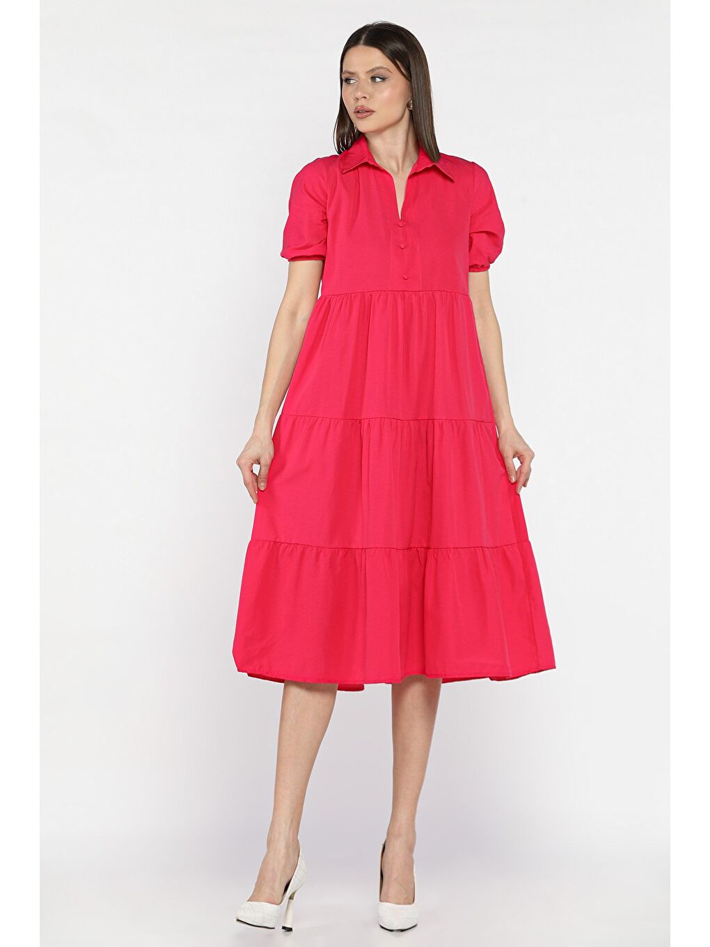 Fuşya Kadın V Yaka Kısa Kol Elbise-1