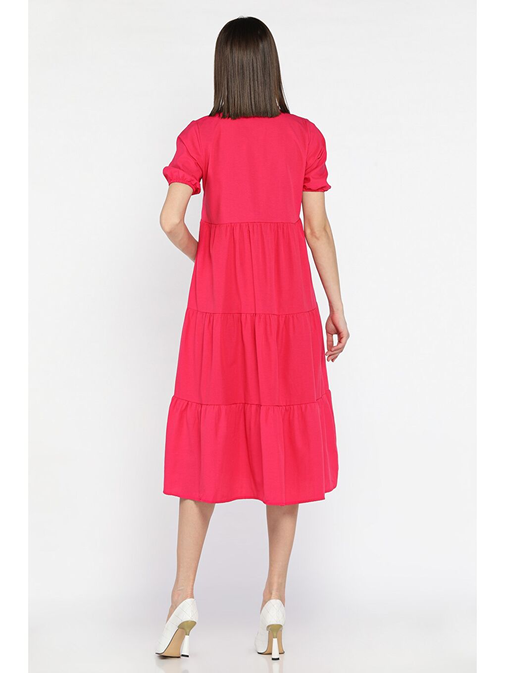 Fuşya Kadın V Yaka Kısa Kol Elbise-2