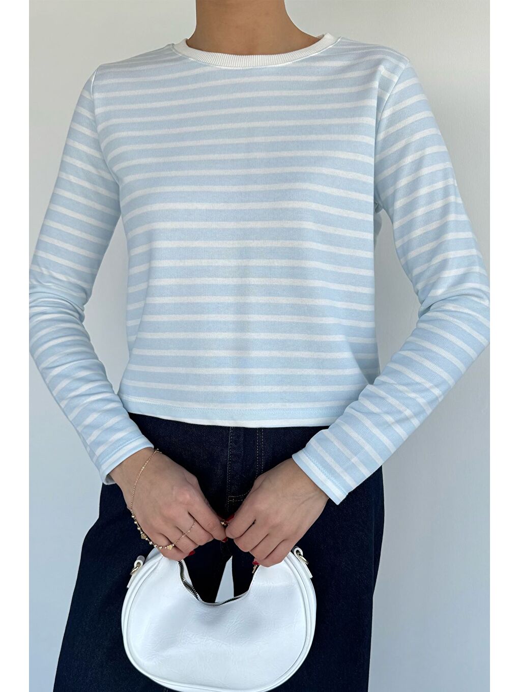 Mavi Kadın Bisiklet Yaka Çizgi Desenli Sweatshirt-1