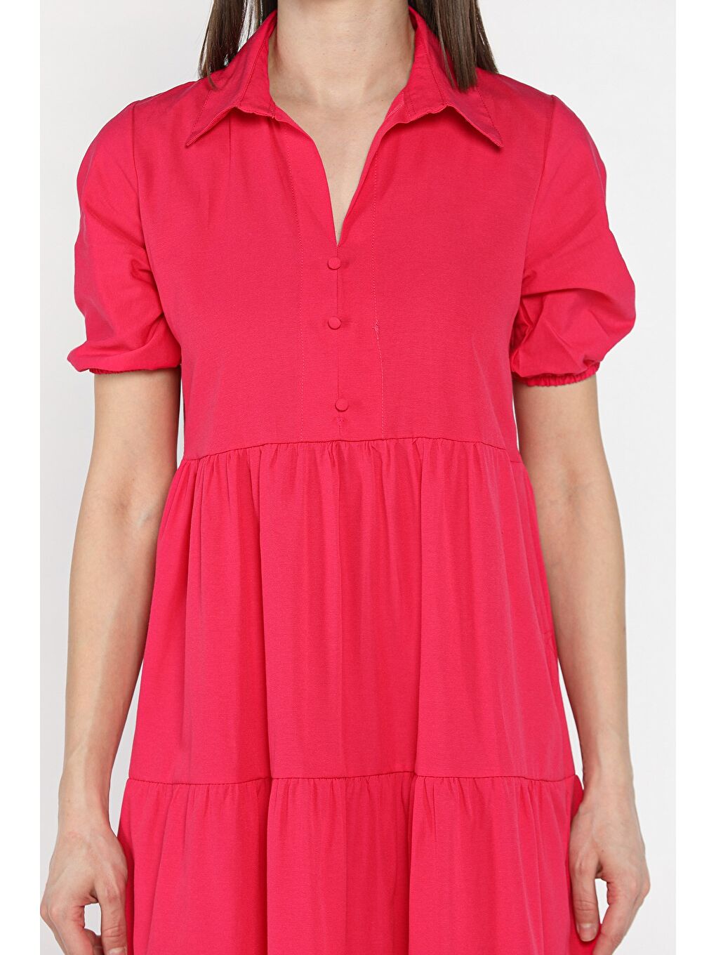 Fuşya Kadın V Yaka Kısa Kol Elbise-3