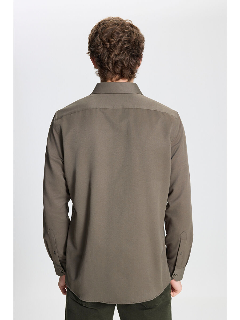 Erkek Haki Kolay Ütülenebilir Slim Fit Dar Kesim İtalyan Yaka Armürlü Basic Gömlek-4