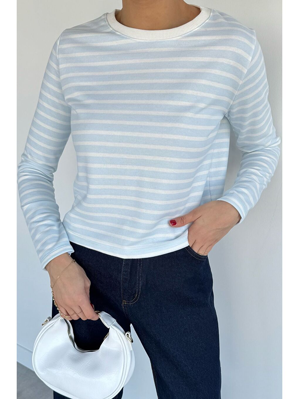 Mavi Kadın Bisiklet Yaka Çizgi Desenli Sweatshirt-2