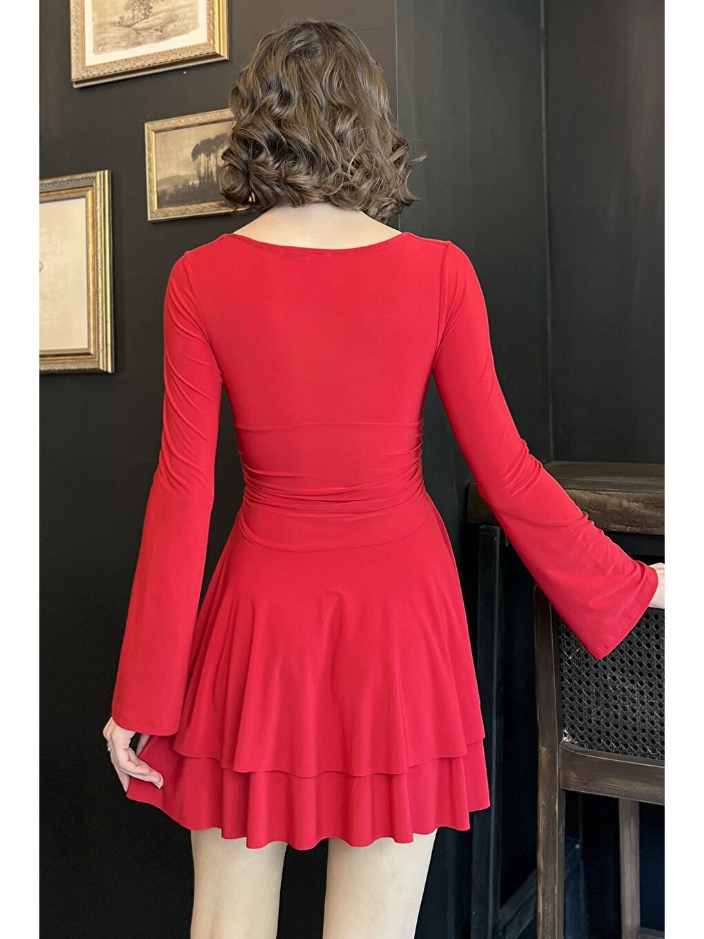 Kırmızı Kadın V Yaka İspanyol Kol Kat Kat Pileli Elastanlı Elbise-2
