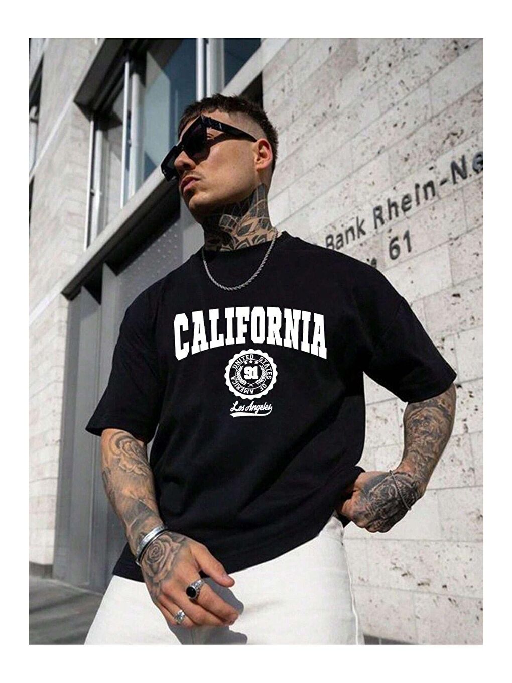 Trendseninle Siyah Erkek Siyah California United State 91  Baskılı Oversize Tişört