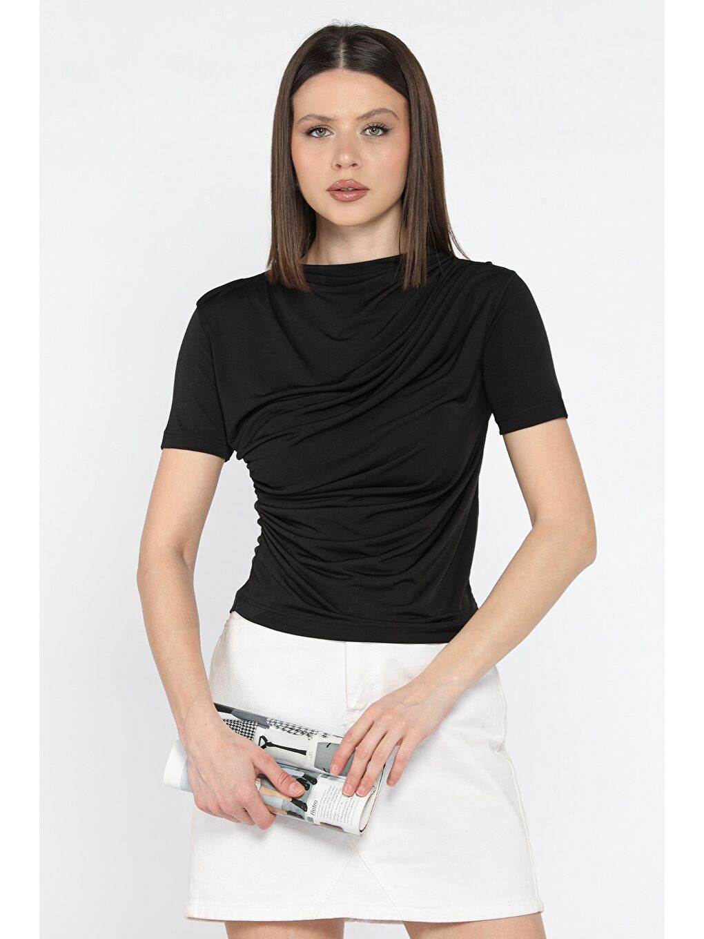 Siyah Kadın Omuz Ve Bel Drapeli Kısa Kol Bluz