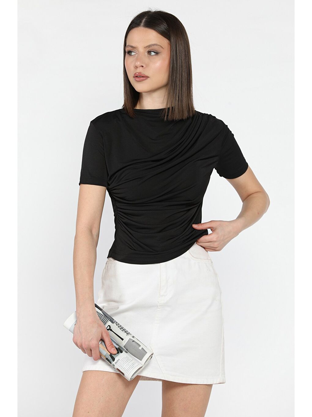 Siyah Kadın Omuz Ve Bel Drapeli Kısa Kol Bluz-1