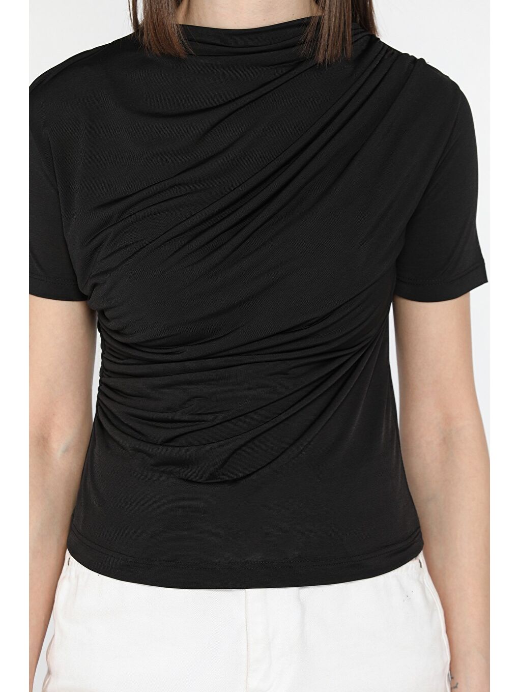 Siyah Kadın Omuz Ve Bel Drapeli Kısa Kol Bluz-3