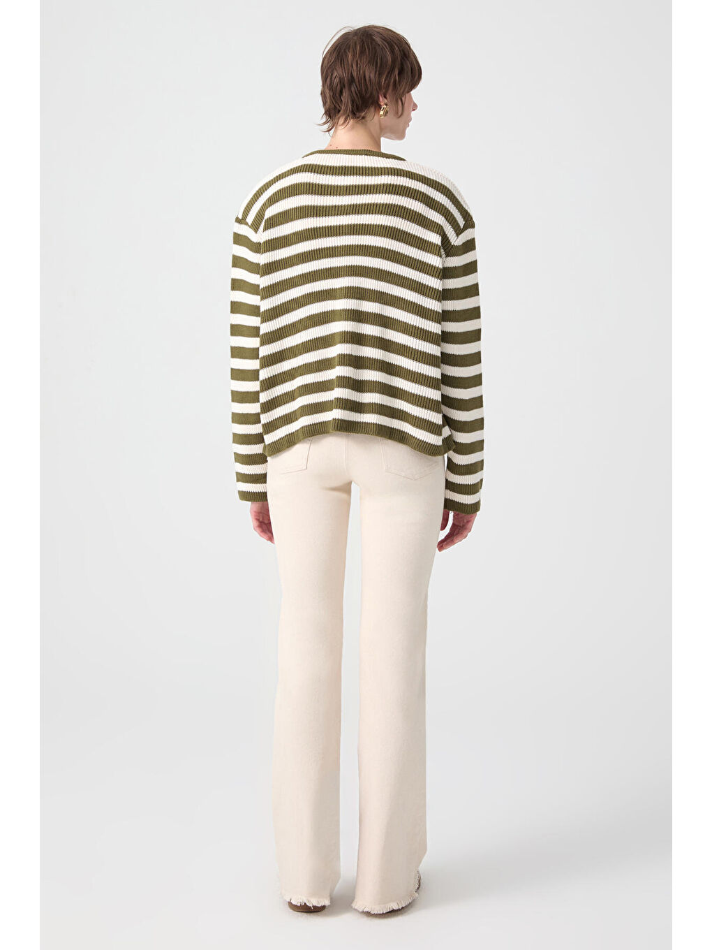 Haki Gold Düğmeli Çizgili Kısa Hırka-3