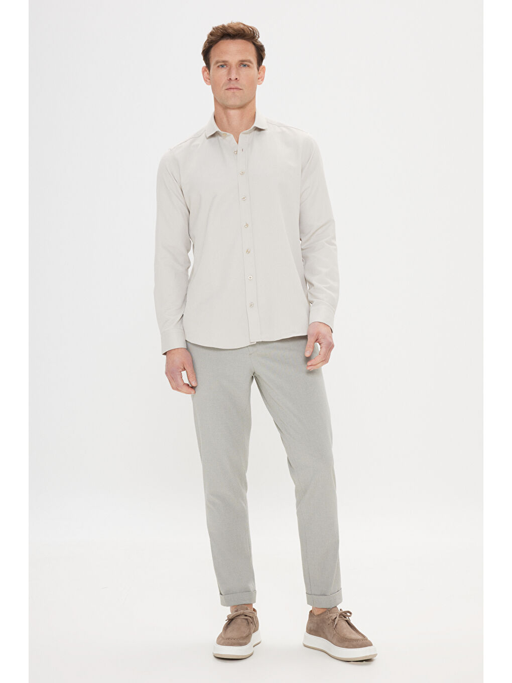 Erkek Bej Kolay Ütülenebilir Slim Fit Dar Kesim İtalyan Yaka Armürlü Basic Gömlek-2