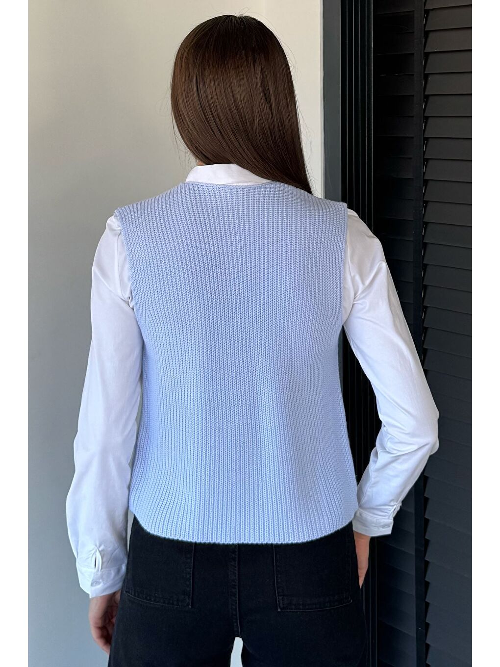 Mavi Kadın V Yaka Ön Düğmeli Triko Yelek-6
