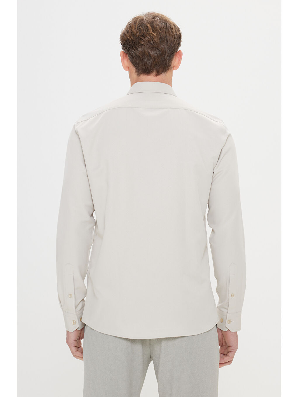 Erkek Bej Kolay Ütülenebilir Slim Fit Dar Kesim İtalyan Yaka Armürlü Basic Gömlek-8