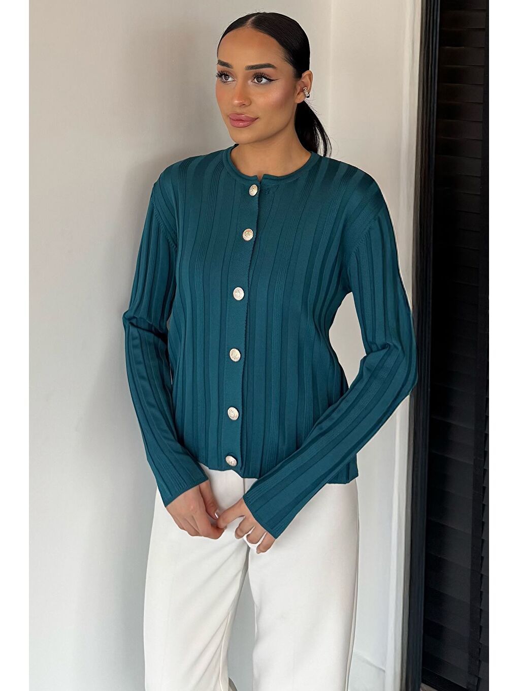 Petrol Kadın Düğme Detaylı Triko Hırka (m-l-xl Uyumludur)-1