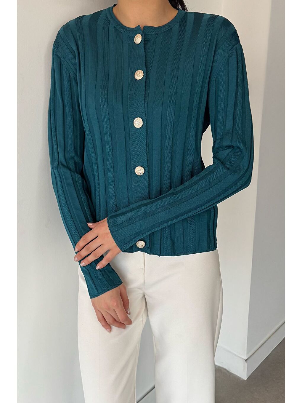 Petrol Kadın Düğme Detaylı Triko Hırka (m-l-xl Uyumludur)-2