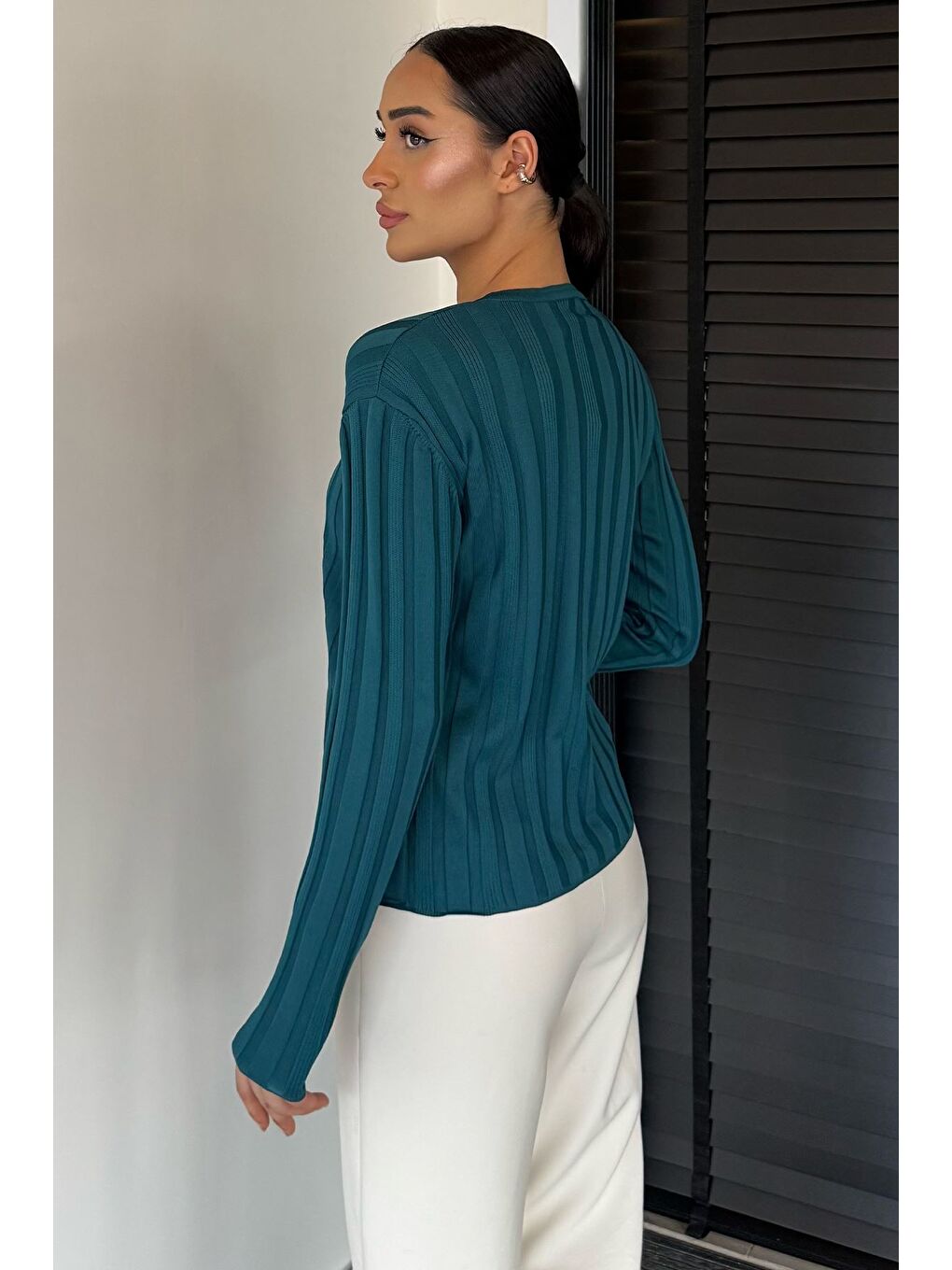 Petrol Kadın Düğme Detaylı Triko Hırka (m-l-xl Uyumludur)-3