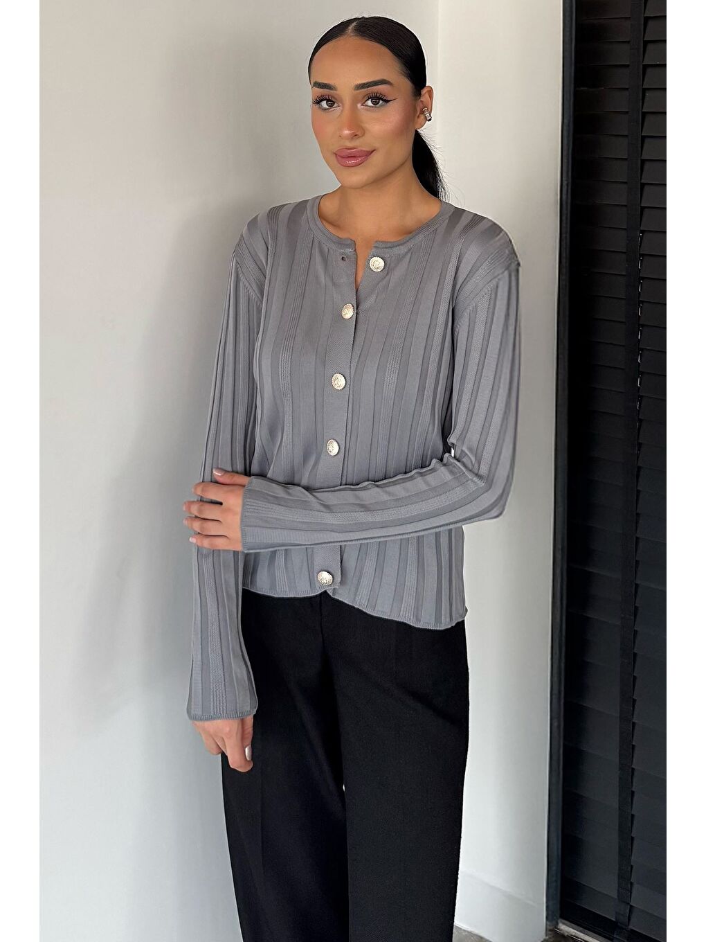 Gri Kadın Düğme Detaylı Triko Hırka (m-l-xl Uyumludur)-1