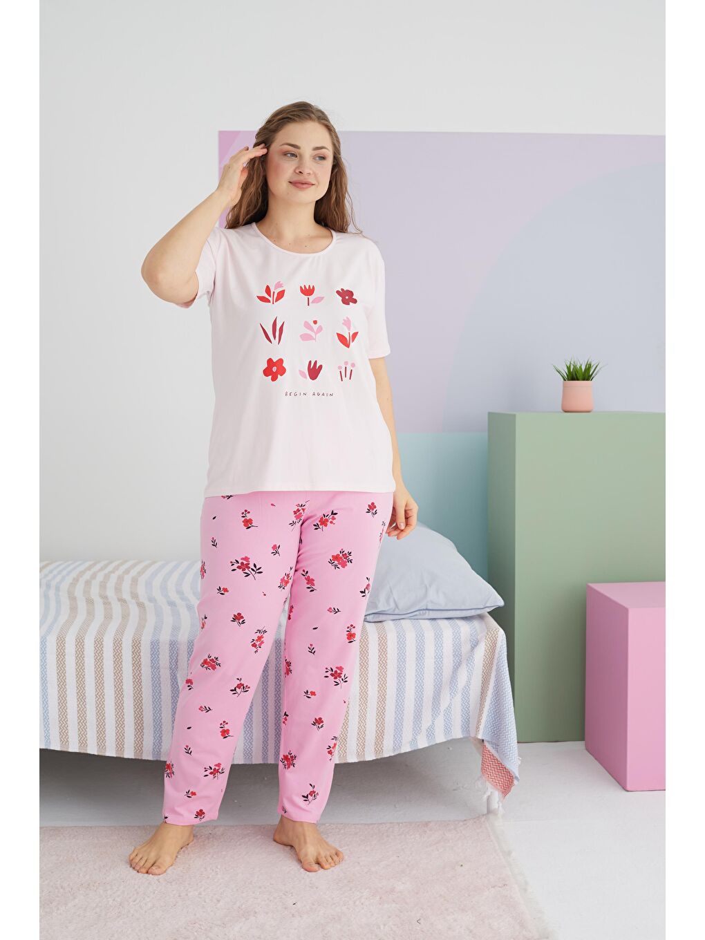 SİYAH İNCİ Açık Pembe Curve Büyük Beden Battal Boy Pamuklu Örme Pijama Takımı