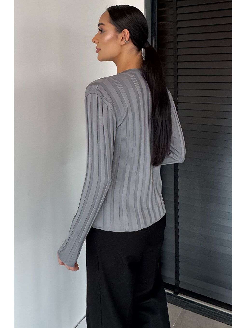 Gri Kadın Düğme Detaylı Triko Hırka (m-l-xl Uyumludur)-3