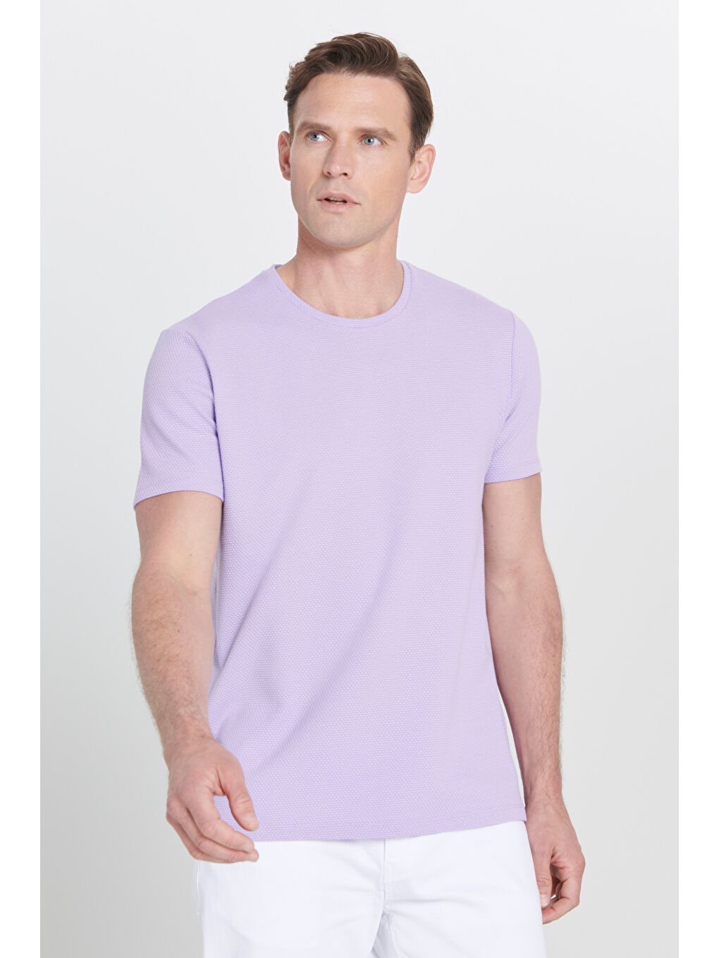 Erkek Lila Slim Fit Dar Kesim Bisiklet Yaka Kısa Kollu Yumuşak Tuşeli Basic Tişört