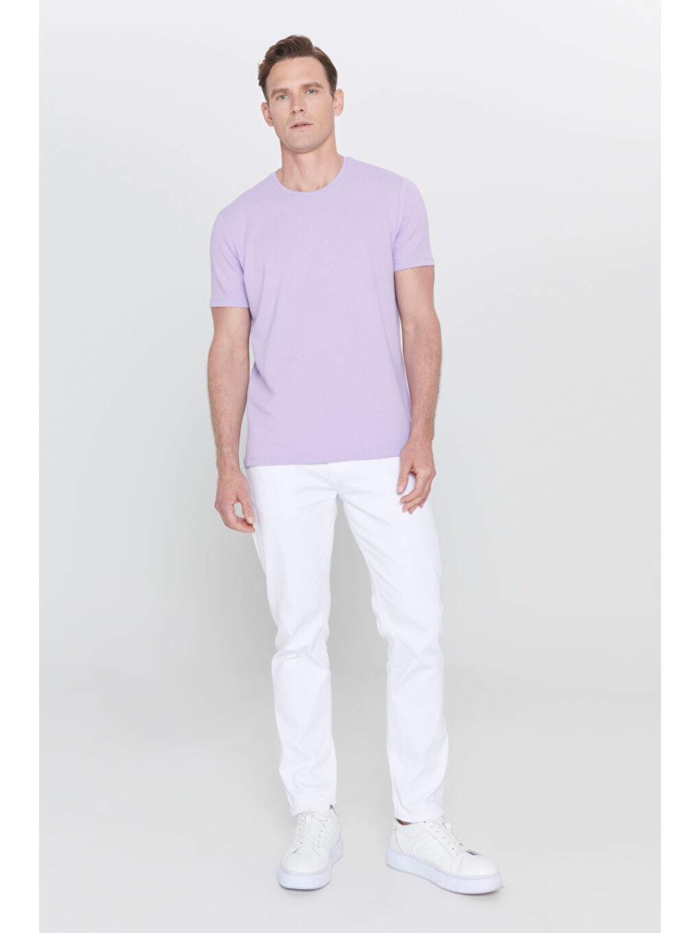 Erkek Lila Slim Fit Dar Kesim Bisiklet Yaka Kısa Kollu Yumuşak Tuşeli Basic Tişört-1