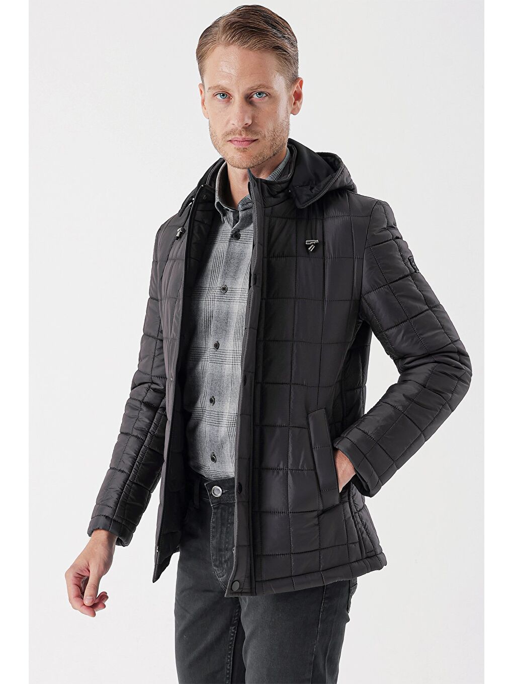 Koyu Antrasit Kapüşonlu Astarlı Slim Fit Dar Kesim Casual Mont 1007235158