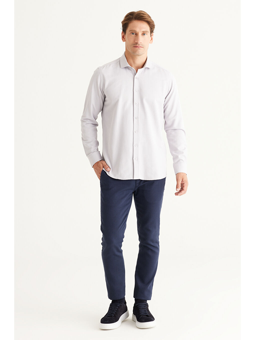 Erkek Gri Kolay Ütülenebilir Slim Fit Dar Kesim İtalyan Yaka Armürlü Basic Gömlek-2