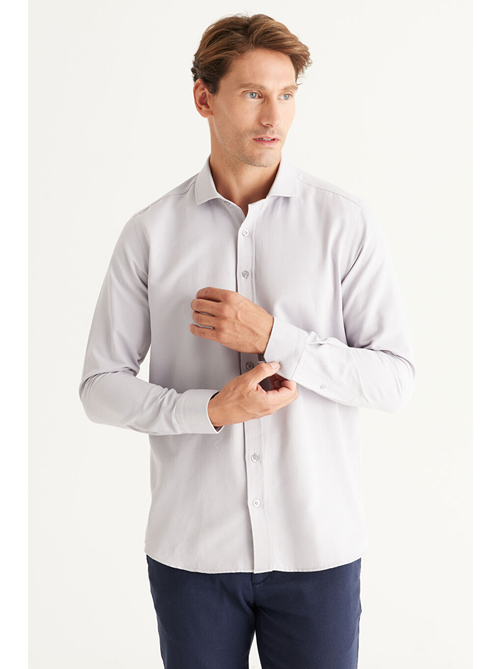 Erkek Gri Kolay Ütülenebilir Slim Fit Dar Kesim İtalyan Yaka Armürlü Basic Gömlek-3