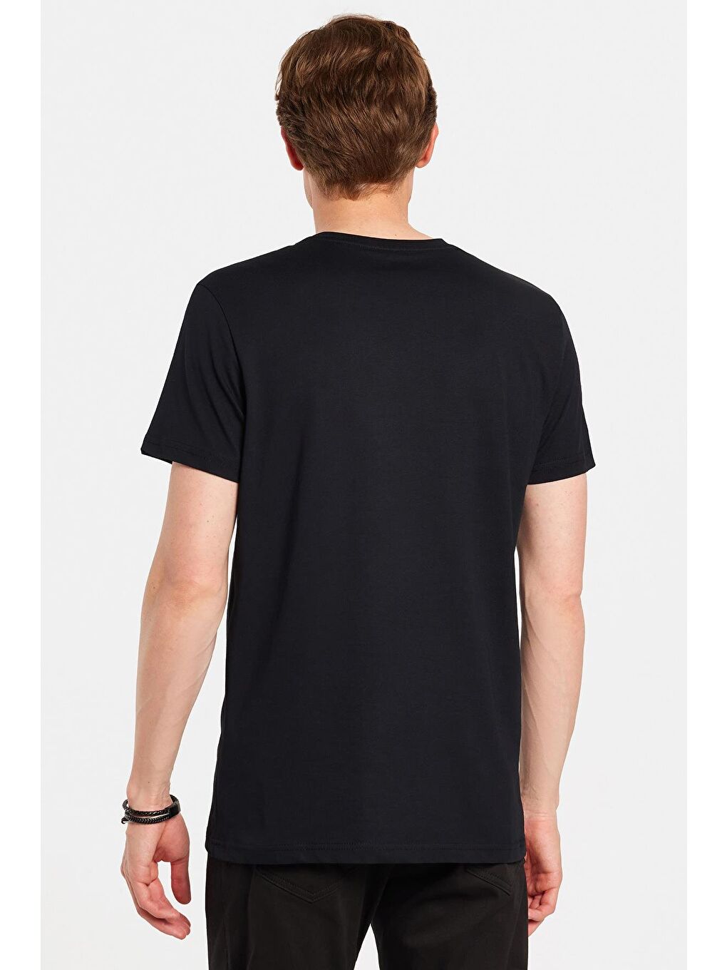 Erkek Slim Fit Dar Kesim %100 Pamuk Yumuşak Dokulu Baskılı Siyah Bisiklet Yaka Tişört-4