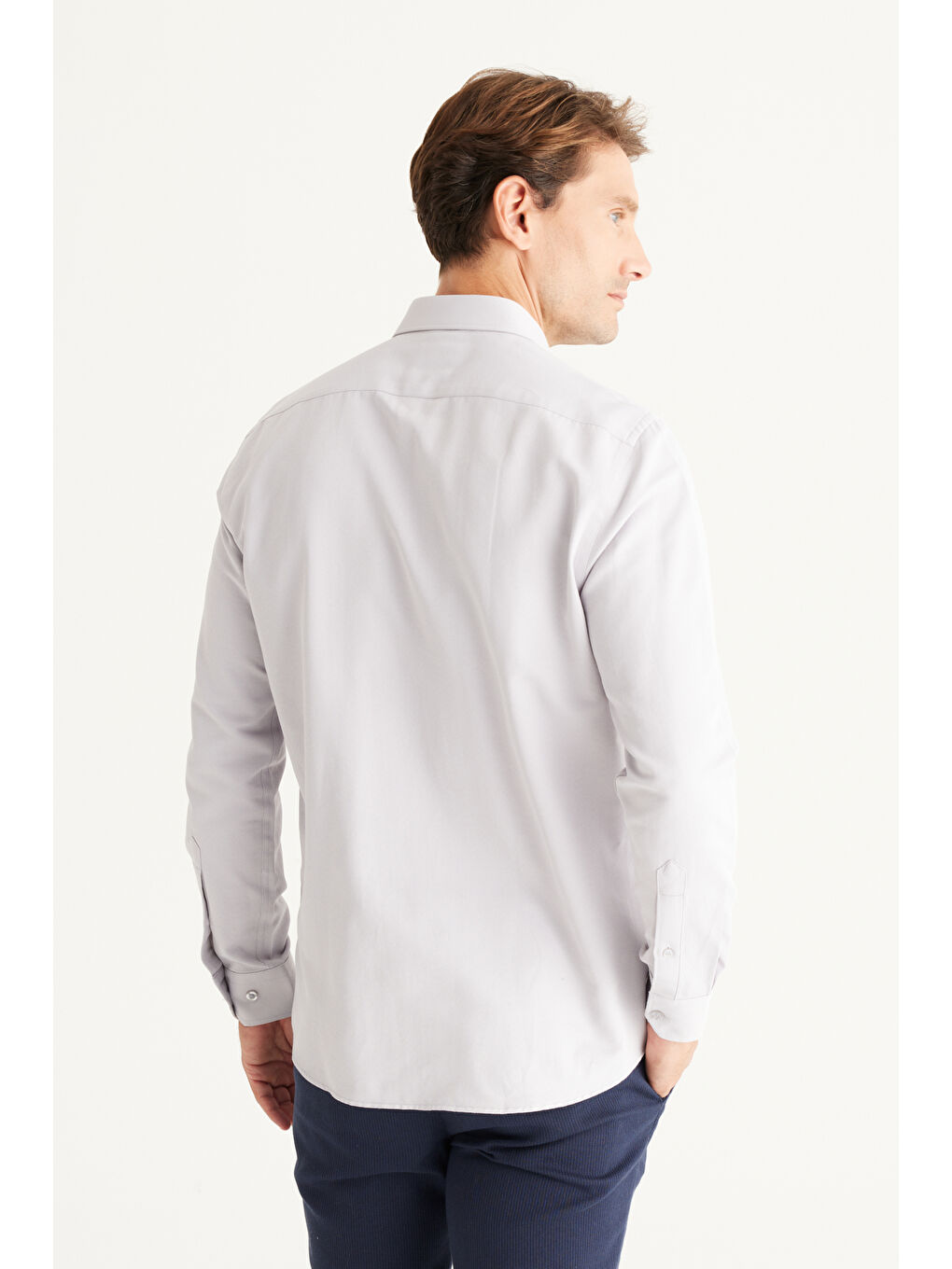 Erkek Gri Kolay Ütülenebilir Slim Fit Dar Kesim İtalyan Yaka Armürlü Basic Gömlek-6