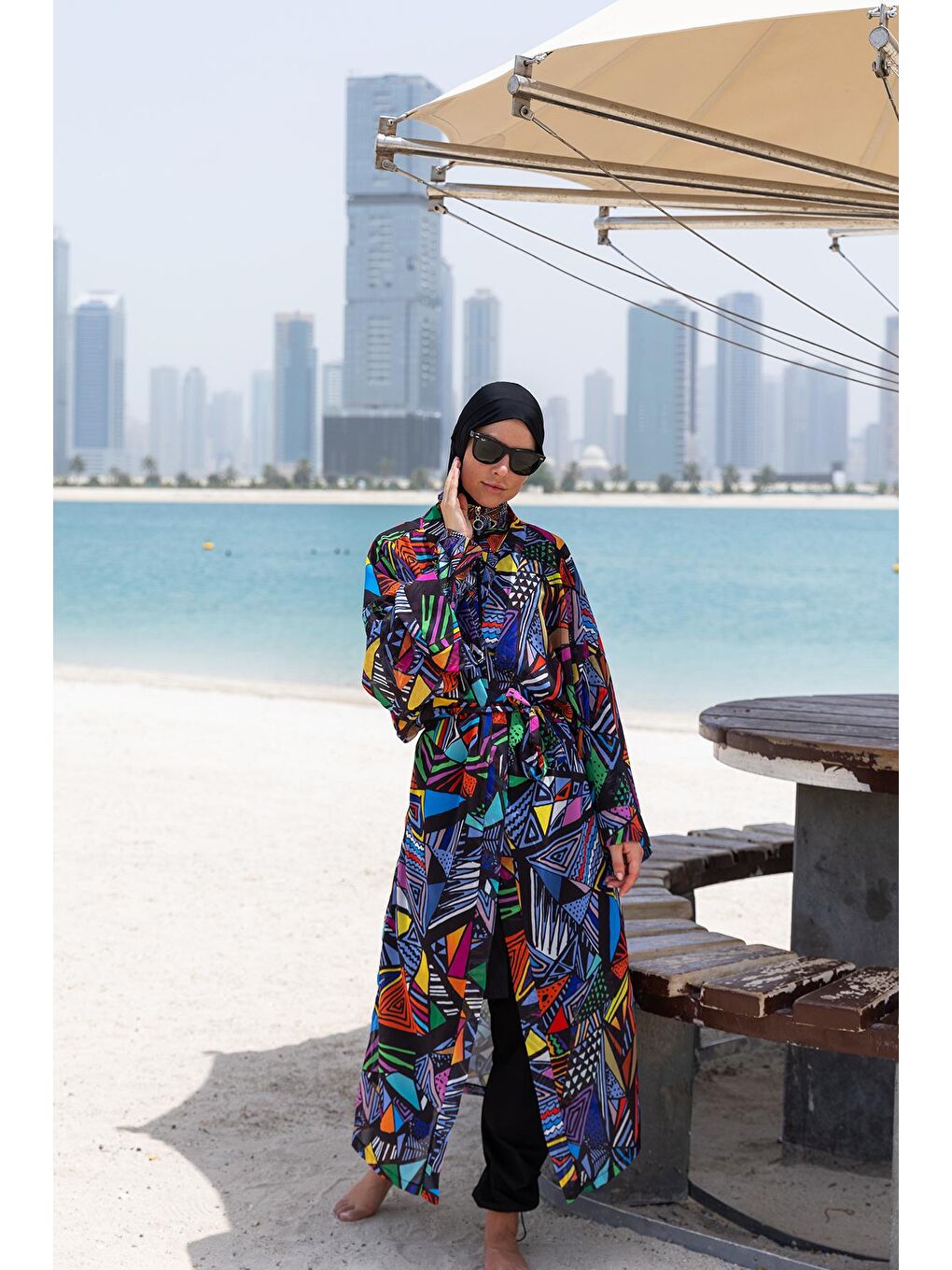 Siyah Tesettür Mayo Üzerine Tek Kaftan Kimono Pareo RP020 Alina-1