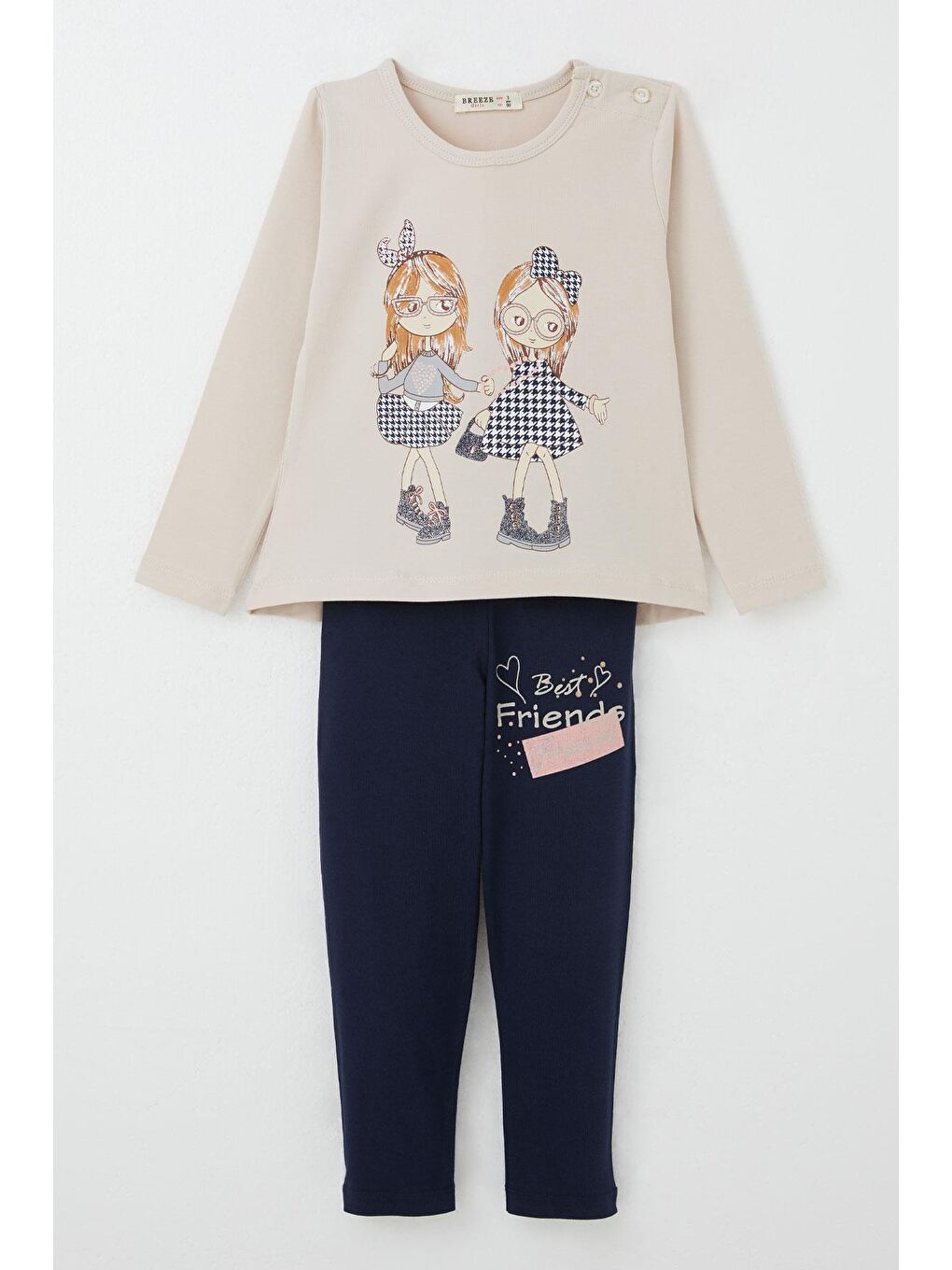 Kız Çocuk Taytlı Takım Dostluk Temalı Mutlu Kızlar Baskılı Bej (3 Yaş)