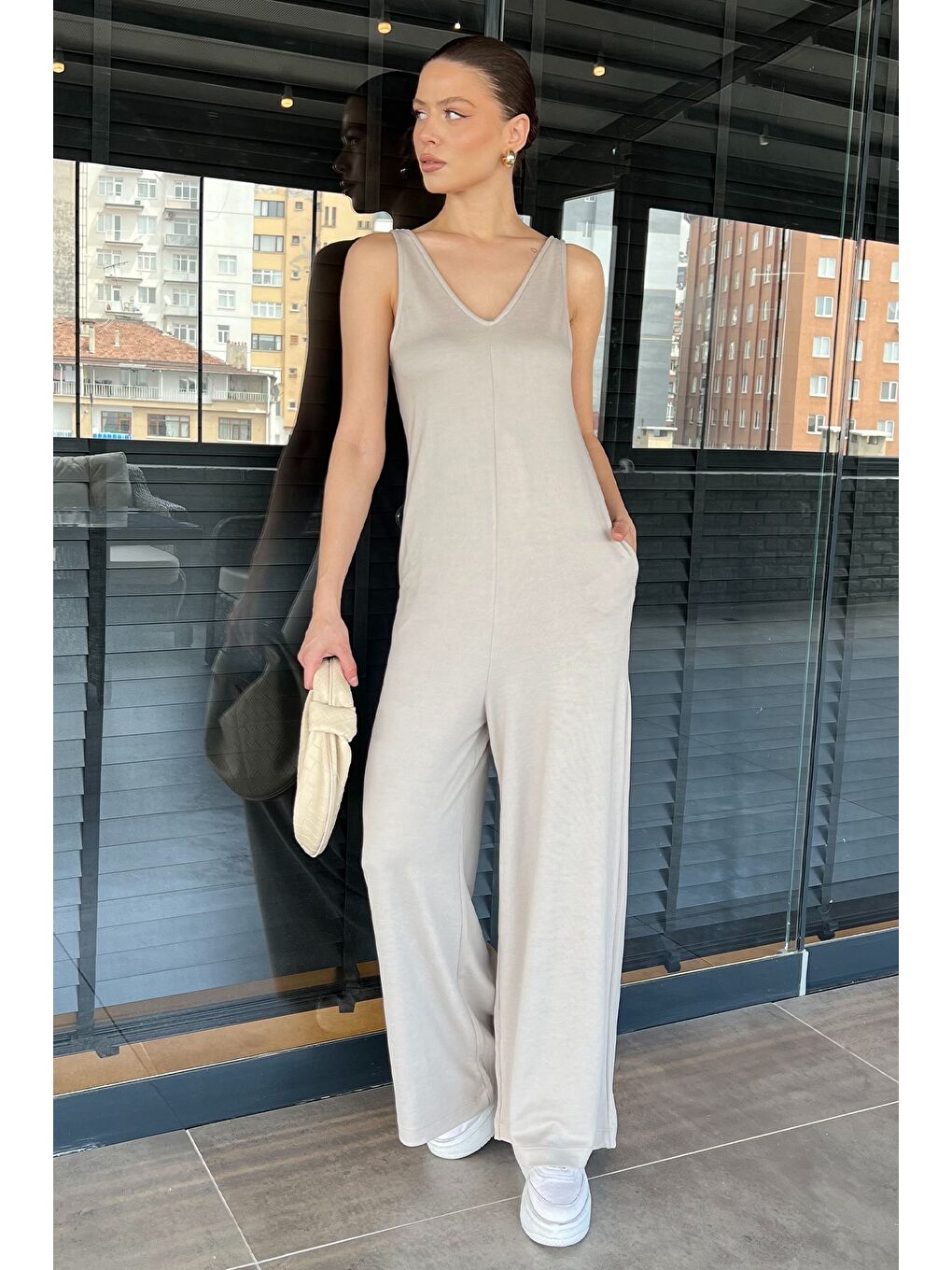 Bej Kadın Cepli Bol Paça Tulum-1