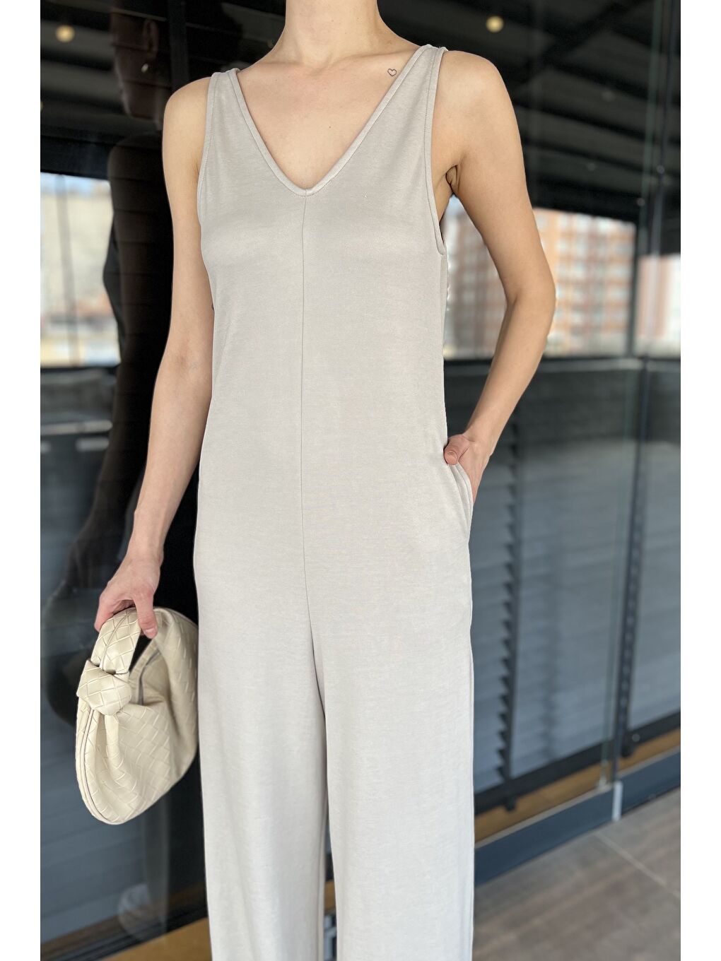 Bej Kadın Cepli Bol Paça Tulum-2