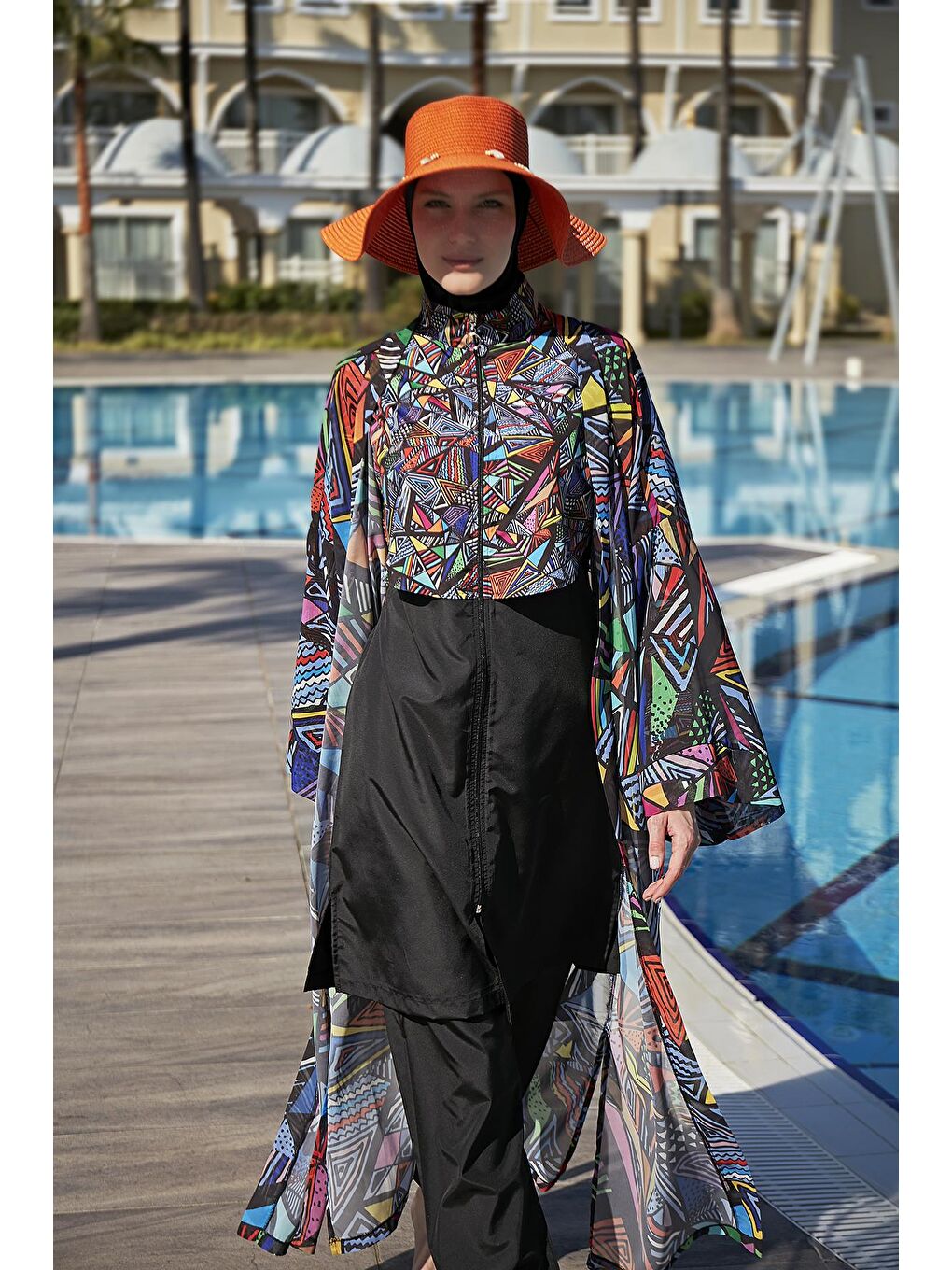 Siyah Tesettür Mayo Üzerine Tek Kaftan Kimono Pareo RP020 Alina-3