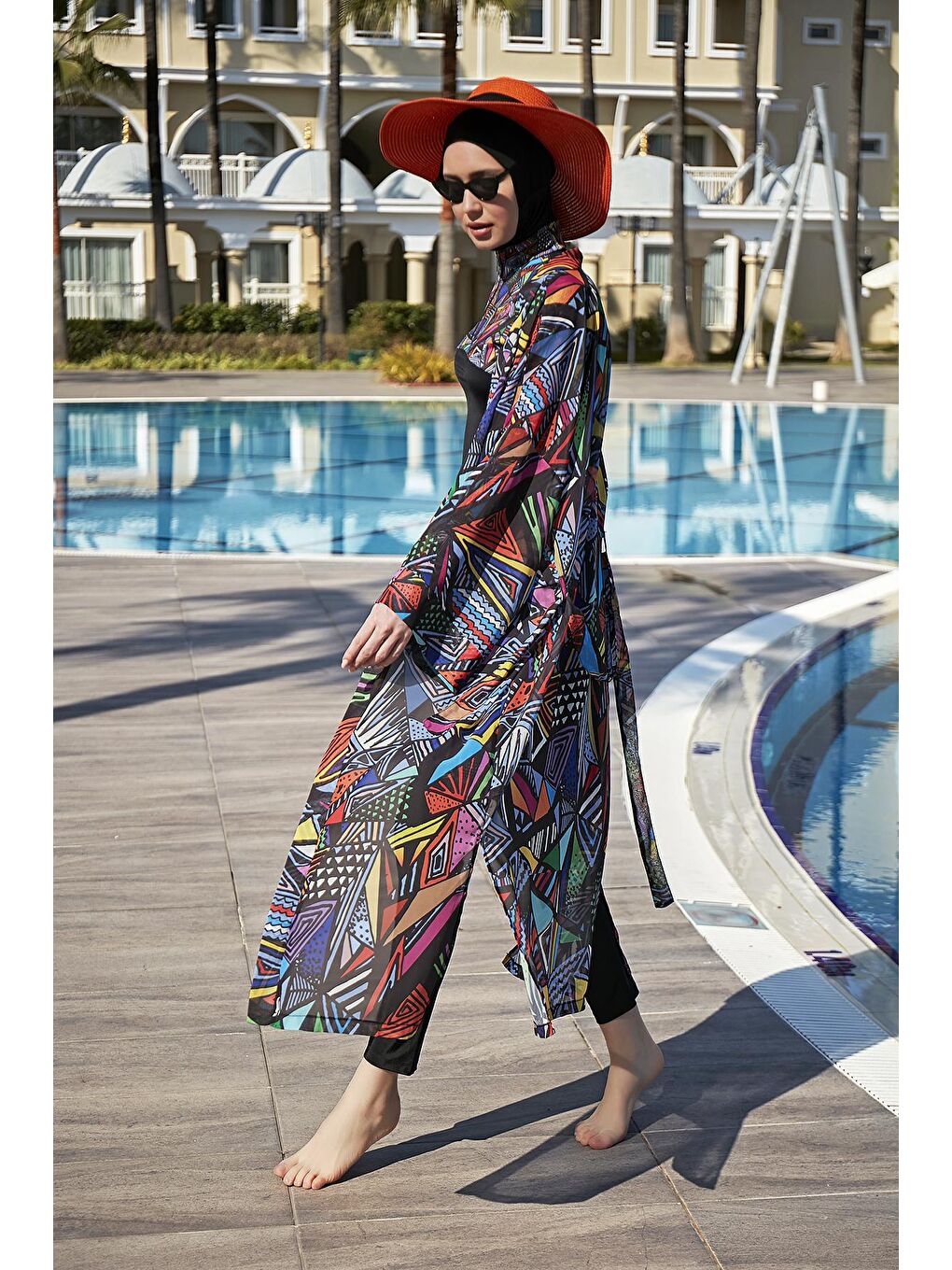 Siyah Tesettür Mayo Üzerine Tek Kaftan Kimono Pareo RP020 Alina-4