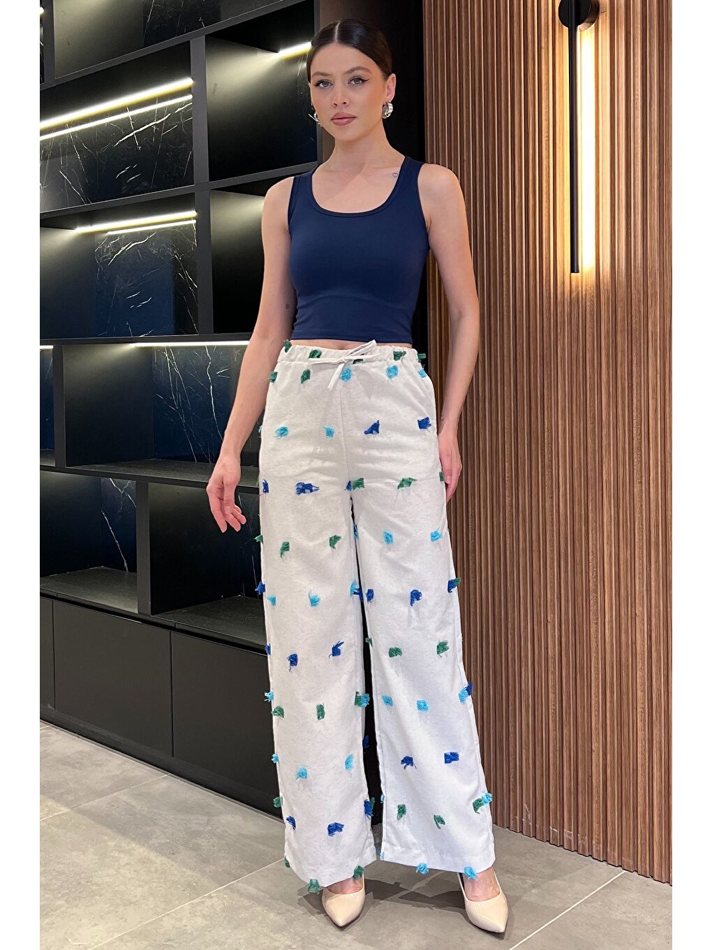 Bej Kadın Yüksek Bel Püskül Detaylı Palazzo Keten Pantolon-1