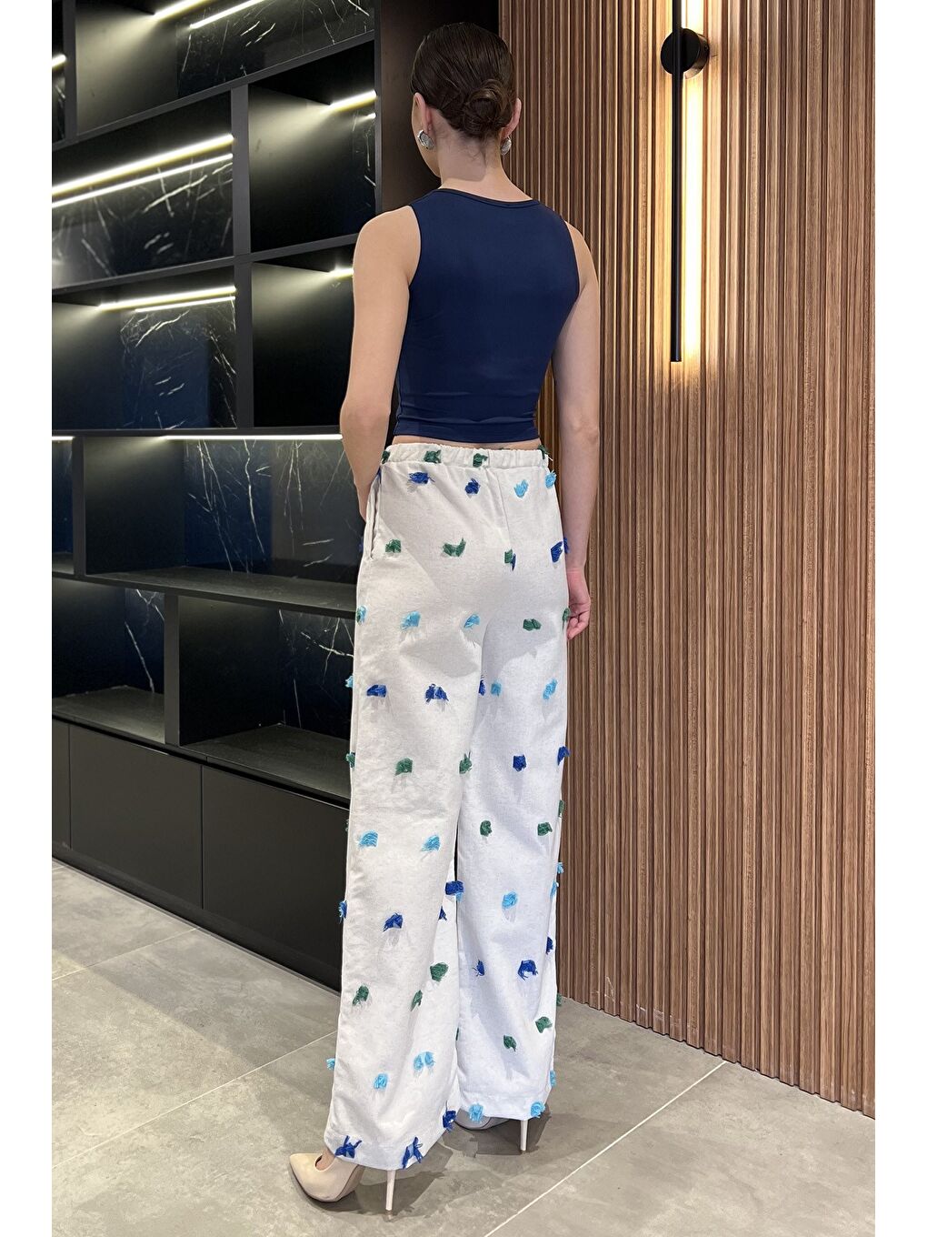 Bej Kadın Yüksek Bel Püskül Detaylı Palazzo Keten Pantolon-2