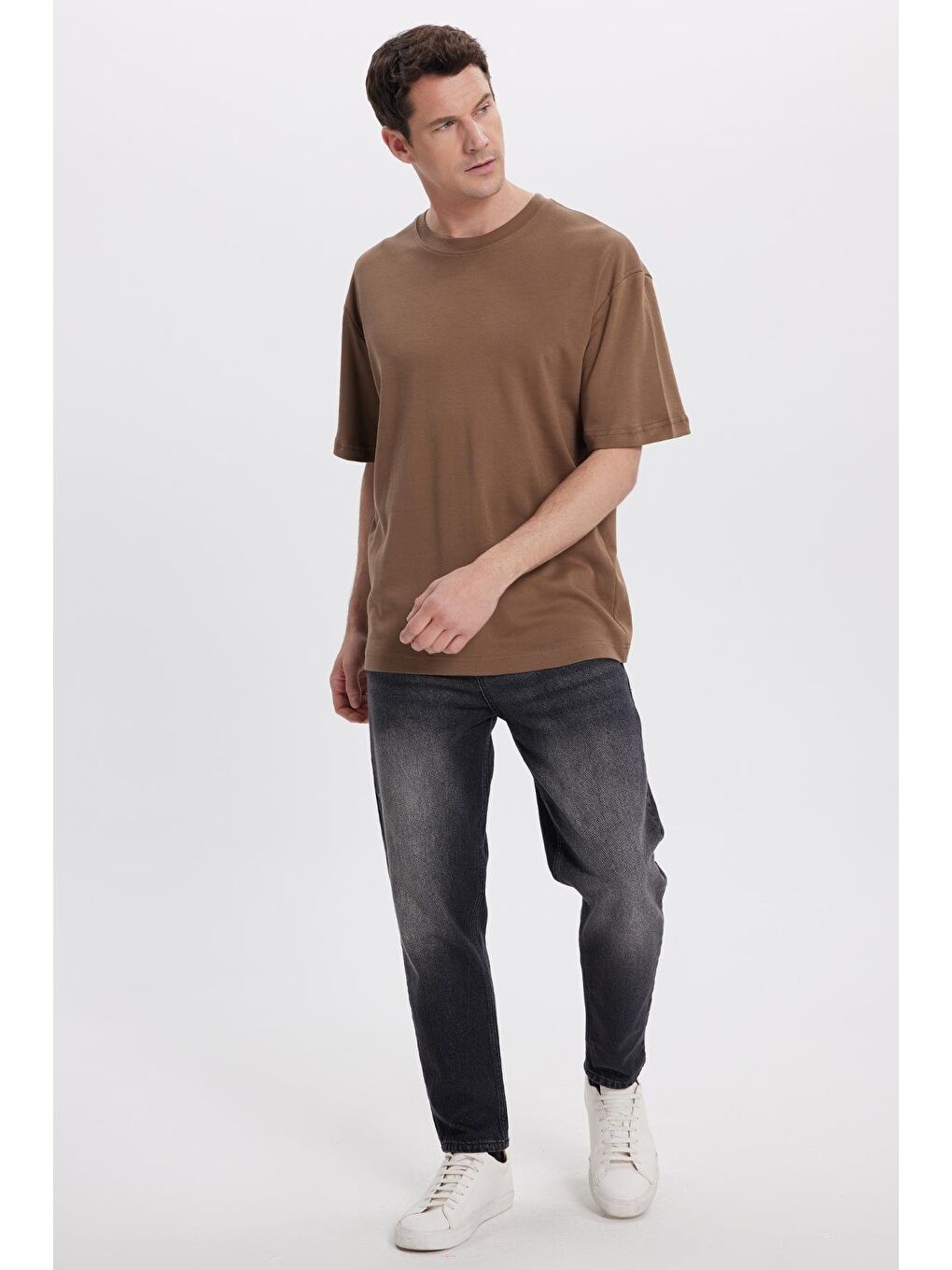 Unisex Oversize Geniş Kesim %100 Pamuk Yumuşak Dokulu Basic Bisiklet Yaka Kahverengi Tişört-3