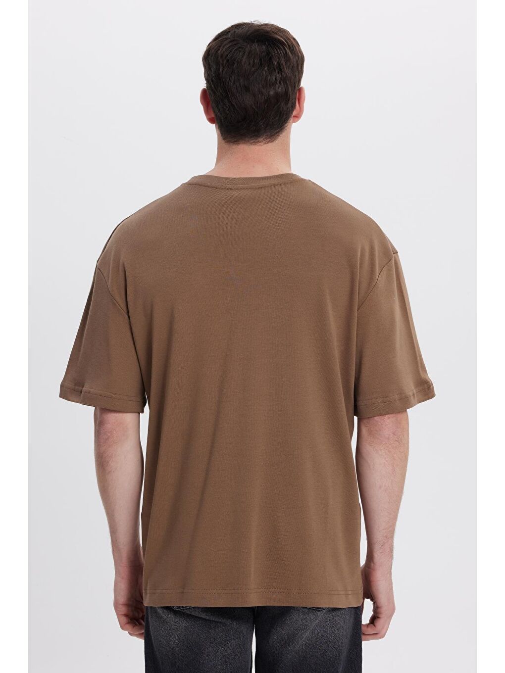 Unisex Oversize Geniş Kesim %100 Pamuk Yumuşak Dokulu Basic Bisiklet Yaka Kahverengi Tişört-6