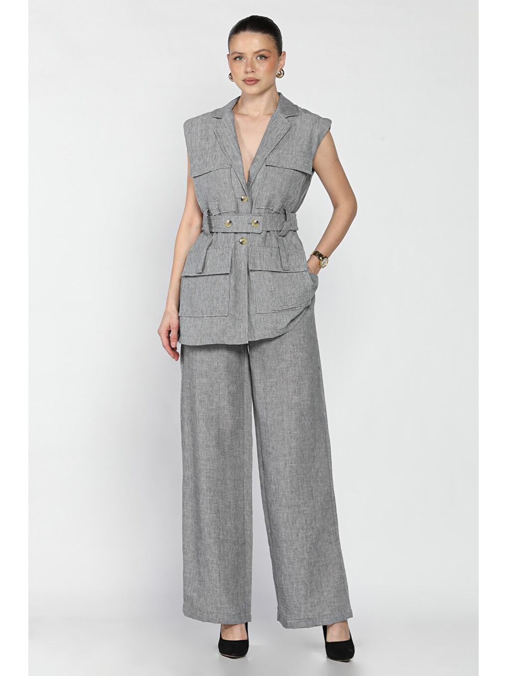 Gri Kadın Bel Kuşaklı Yelek Pantolon İkili Takım