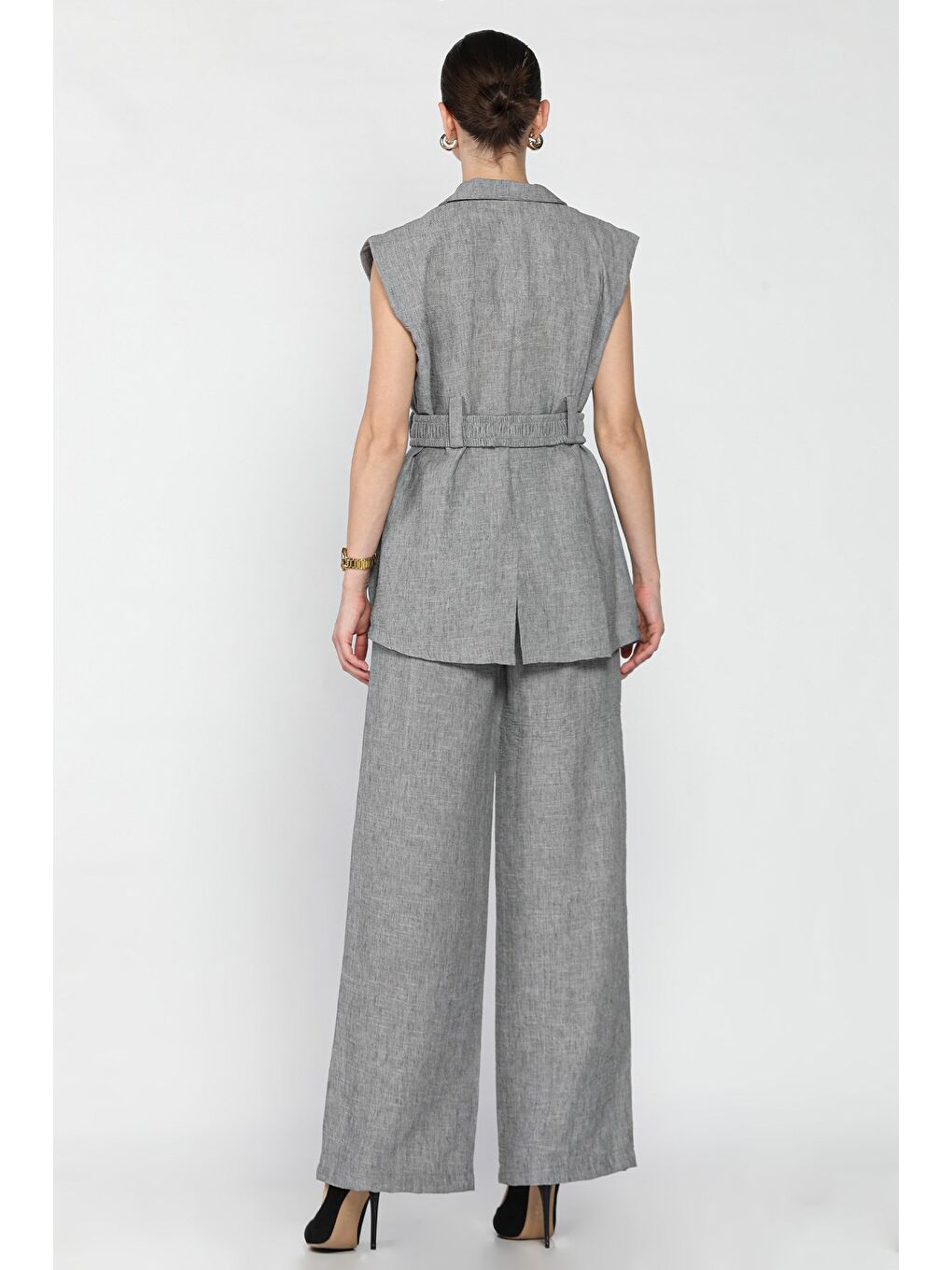 Gri Kadın Bel Kuşaklı Yelek Pantolon İkili Takım-2